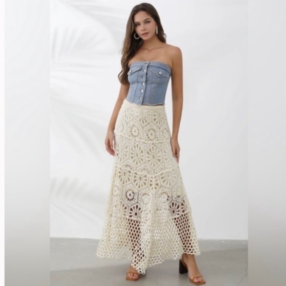 Chicwish Cream Crochet Floral Maxi Skirt